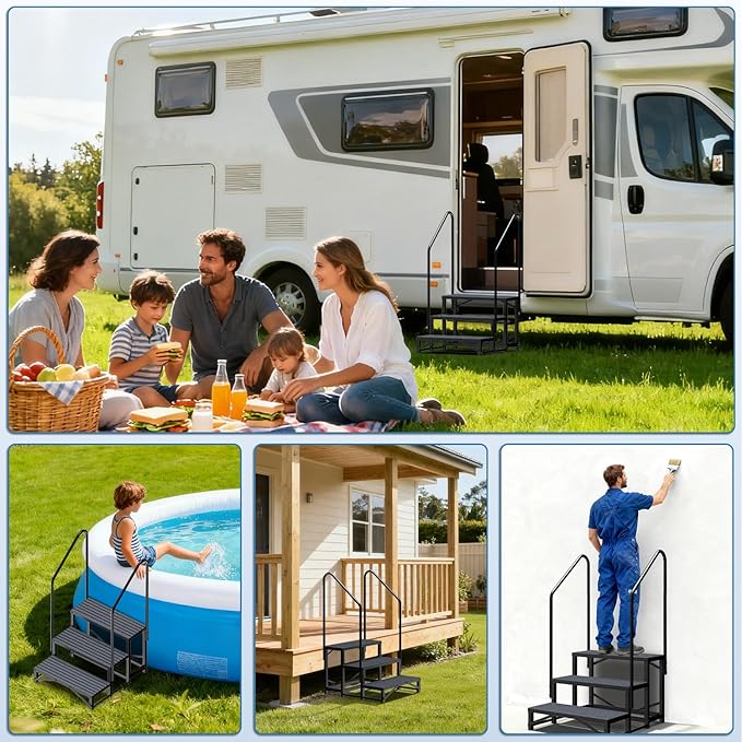 RV Steps with Handrail, 3 Steps RV Stair, Mobile Home Stairs for Camper, Trailer, hot tub, Steps with Non-Slip mat, 660lbs Capacity