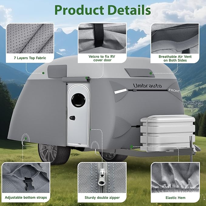 Umbrauto Teardrop Travel Trailer Cover Fits 10'-12' Trailers, 7 Layers Top Heavy Duty Waterproof Camper Cover with Windproof Strap for R-Pod Trailers, Clamshell Trailers