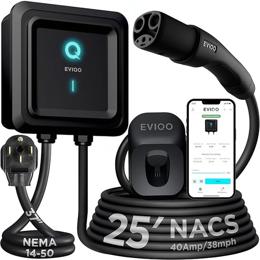 EVIQO Level 2 EV Charger - NACS Charger Compatible with Tesla - 40 Amp EV Level 2 w/NACS, 240V NEMA 14-50 EVSE, 25' EV Charging Cable