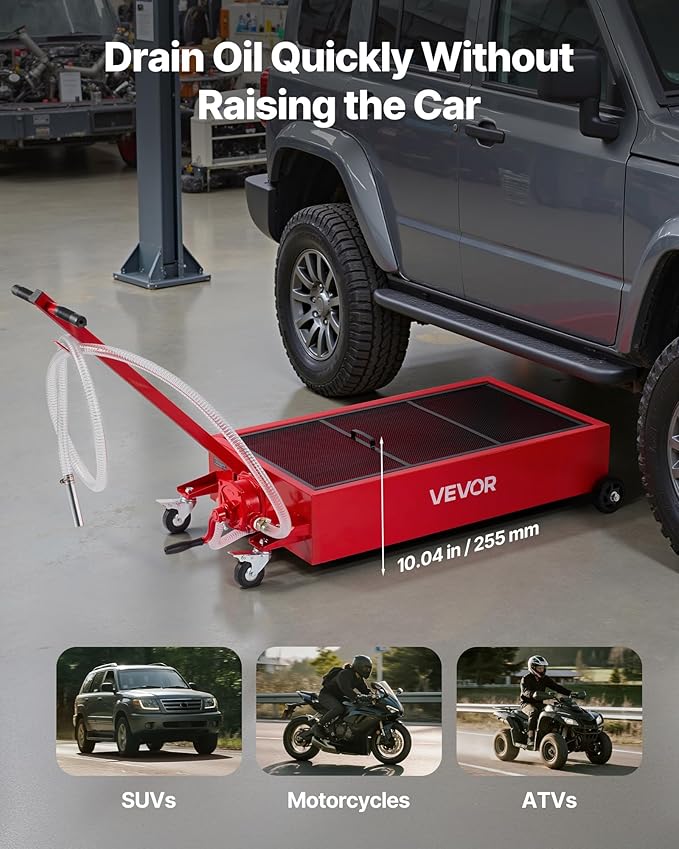 VEVOR Low Profile Oil Drain Pan, 20 Gallon Capacity, Rolling Oil Drain Pan with Manual Pump, 7.2 ft Hose & T Folding Handle, Leak-Proof & Corrosion-Resistant, Fit for Cars, SUVs, Trucks, ATVs, Red