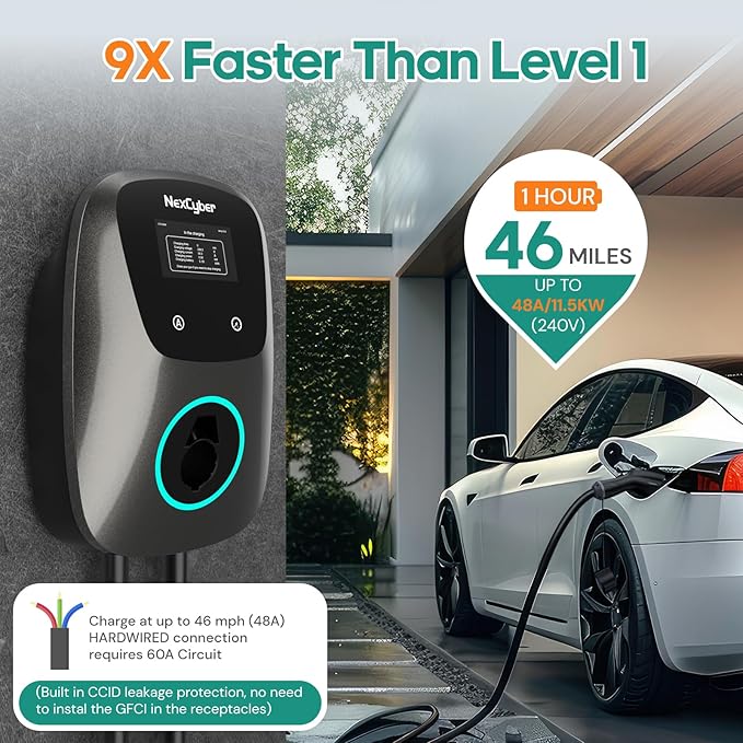 Level 2 Electric Vehicle (EV) Charger, 48 amp/11.5kW EVSE w/ J1772 Connector, 240v Electric Car Charger, 25ft Cable ETL Certified, Hardwired & No Plug, APP Start/Plug and Play (Hardwired)