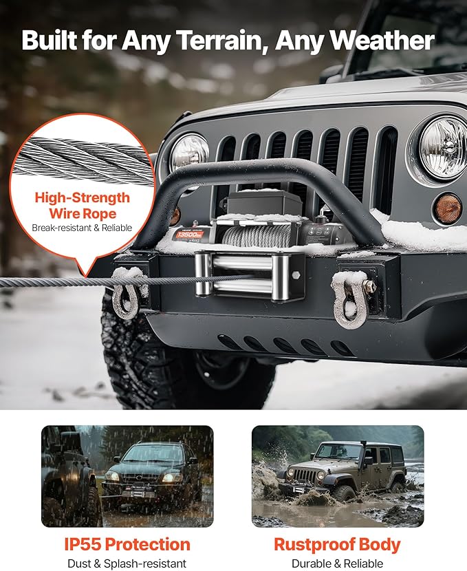 VEVOR Electric Winch, 13500 lbs Load Capacity, 12V DC Truck Winch with Φ3/8 in x 80 ft Steel Rope, Wireless & Wired Remote Control, IP55 Waterproof for Towing SUV Jeep Trailer Boat Off-Road Vehicle