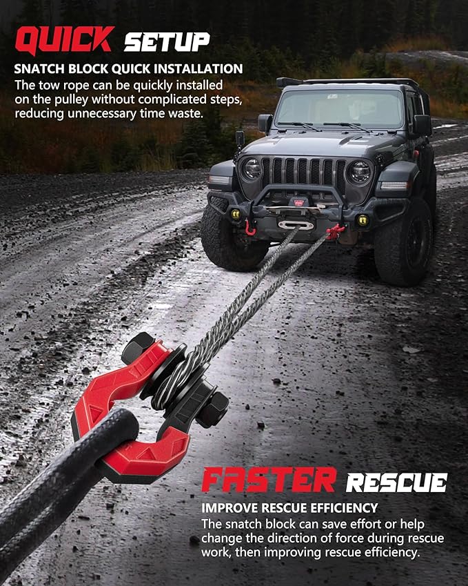 D Ring Separate Shackle with Snatch Block 2 Set, 3/4" Shackles w/Snatch Block Pulley, Heavy Duty Shackle for Towing Winch, Pulley for Off-Road Vehicle Recovery, Truck, ATV, UTV, BlackRed