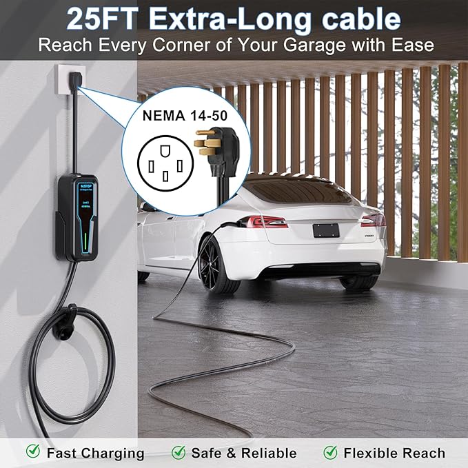 Portable Level 2 EV Charger for Tesla, 40A NACS Car Charger with 240V, 25FT Extension Cable, EV Charging Station for Tesla Cars【 Only for Tesla EVs 】