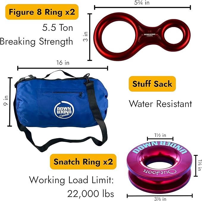 DOWN UNDER OUTDOORS Game/Log/4x4 Recovery Kit, Deer Drag, 650 ft of 9/32” (11,460 lbs) Winch Rope on Metal Reel, 2 Tree Savers, 2 Soft Shackles, 2 Snatch Rings, 2 Figure 8 Rings, Gear Bag