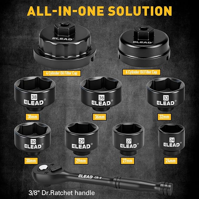 ELEAD 10-Piece Oil Filter Socket Wrench Set, 3/8" Drive Metric Cap Oil Filter Removal Tool, Low Profile Filters Socket Set with Ratchet Wrench Handle, Oil-change Kit Compatible with Toyota BMW Honda