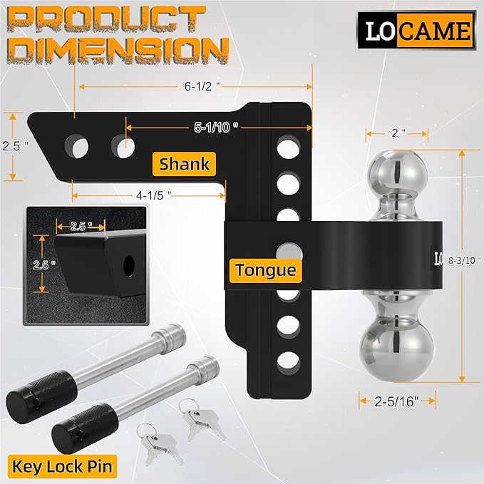 LOCAME Adjustable Trailer Hitch, Fits 2.5-Inch Receiver Only, 6-Inch Drop/Rise Aluminum Drop Hitch,18,500 LBS GTW-Tow Hitch for Heavy Duty Truck with Double Stainless Steel Locks, Black, LC0025