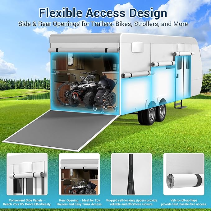 600D Oxford Fabric RV Cover 22-24ft Travel Trailer Cover, Multi-Layer Breathable Rip-Stop Camper Cover with Water-Resistant Coating, Repair Kit, Gutter Protection, Tire Straps