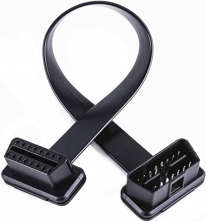 Low Profile OBD 2 OBD ii Male to Female Ribbon Extension Diagnostic Cable 16pins Connected Fully for Scan Tool Code Reader 1ft/30cm