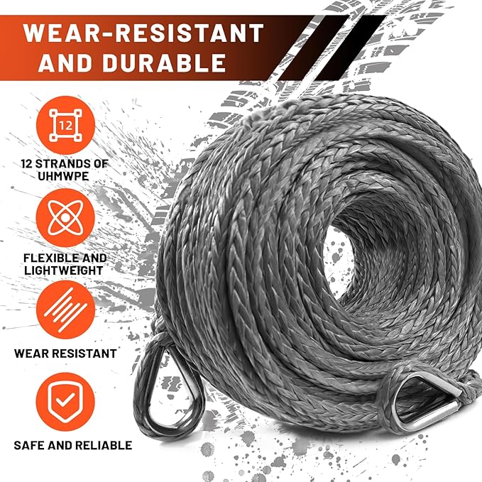 Winch Rope Extension, 1/4'' x 50ft 10,000Lbs Synthetic Winch Extension Rope, Winch Extension Line for Off Road Vehicle ATV UTV (Gray)