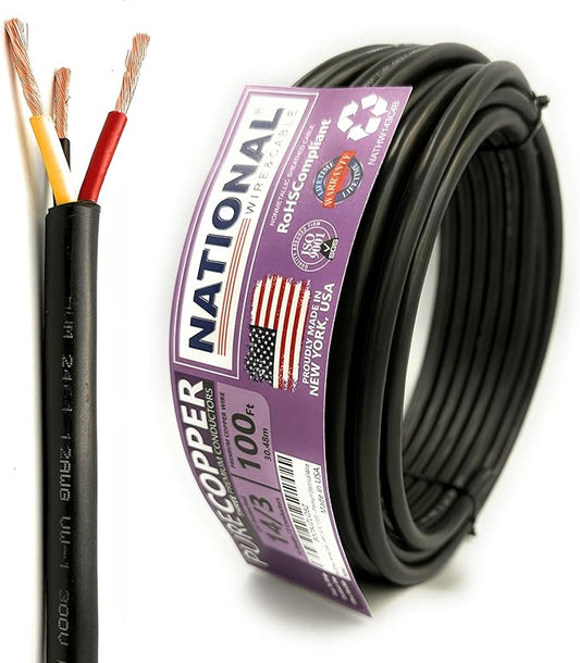 NATIONAL Wire & Cable – 14 AWG 3-Conductor Premium Copper Wire, 100 ft, Stranded | Made in USA, Heavy-Duty Flexible Jacket | Automotive, Low Voltage, LED, Lights, DIY, Indoor and Outdoor Use