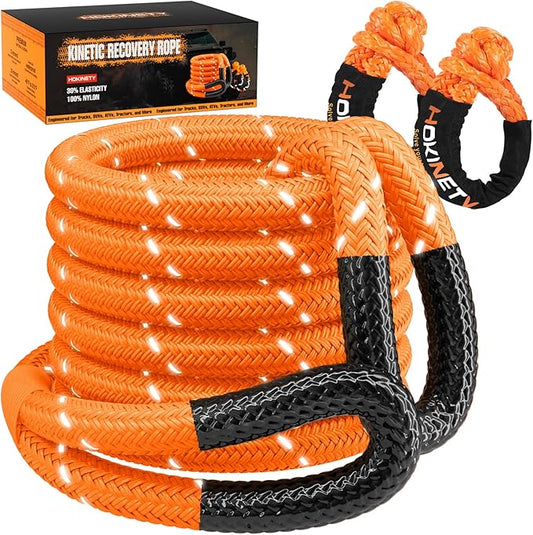 Kinetic Recovery Tow Rope - 1.26" x30FT 55000LBS Reflective Heavy Duty Snatch Strap Kit with Soft Shackles for Offroad Pulling Truck SUV UTV ATV Car Jeep - Orange