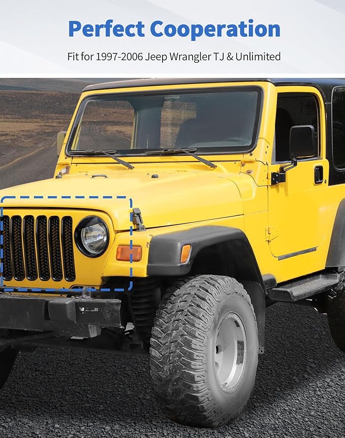 Honeycomb Front Grille Mesh Inserts & angry eyes Headlight Bezels Cover Trim Fit for 1997-2006 Jeep Wrangler TJ & Unlimited Exterior Accessories Clip-in Grille Guard Cover Headlight Bezels Trim Ring