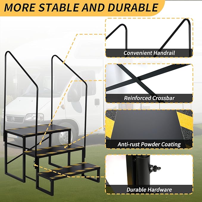 RV Steps, 3 Step Camper Steps Outdoor Hot Tub Mobile Home Stairs Anti-Slip with 2 Handrail for Travel Trailer Motor Home Boat Camper and Porch for Dogs Elder Child