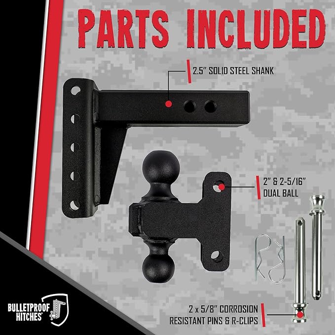 BulletProof Hitches - 2.5" Adjustable Extreme Duty Trailer Hitch (36,000 lb. Rating) - 4" Drop/Rise with 2" and 2 5/16" Dual Ball - Powder Coat, Solid Steel, Corrosion-Resistant