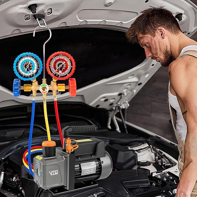 4.5 CFM AC Vacuum Pump and Gauge Set,for Mini Split/HVAC/Auto Systems,Manifold Gauge Kit Fits R134a R12 R22 R502,with Leak Detector,Upgraded Trifold Storage Case,3 Hoses,R134a Can Tap