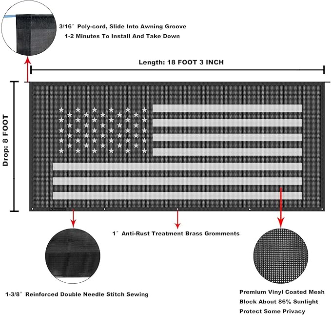Tentproinc RV Awning Sun Shade Screen 8' X 18' 3'' (American Flag) Black Mesh Sunshade Camper Trailer Awning Shade Screen UV Blocker Completed Kits