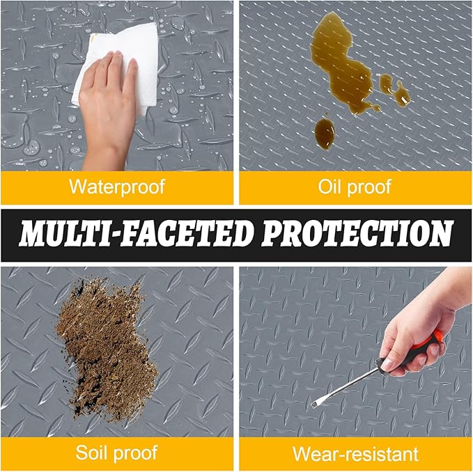 7.5x25 FT Garage Floor Mat, 2.8mm Thickened Flooring Roll for Under Car with 20Pcs Tapes, 188SQFT Diamond Plate Non-Slip Floor Protector Mat for Garage, Warehouse, Gyms, Trailer(Grey)