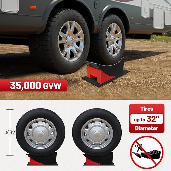 Car Tire Change Ramp 6.3" Tire Lift, 1 Pc Travel Trailer Tire Change Ramp, Curved Leveling Block with Chock & Anti-Slip Mat, Fits Dual Axle Travel Trailer RV Camper, Lift Up to 6.3", 35000 GVW