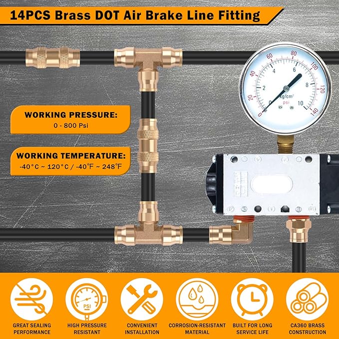 14 Pcs 3/8" Brass DOT Air Line Fittings Kit 1/4" 3/8" DOT Push Lock Air Fittings NPT Thread & Quick Connect Air Hose Fittings Kit