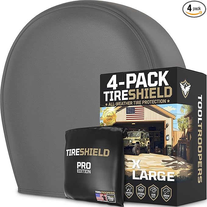 TIRESHIELD PRO Tire Covers Set of 4 - Heavy Duty All-Weather UV-Resistant Wheel Covers w/StormLock-System - Year-Round Protection for Your RV, Camper, Truck, Car & Trailer Tires w/ 32-34.75" Diameter