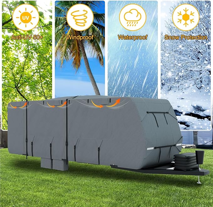 Mofeez Travel Trailer Cover 30-33 ft, Extra-Thick Upgraded 7 Layers Camper Covers 30-33 with Roof Top ac RV Cover Windproof Waterproof Rip-Stop- 2Pcs Extra Straps & 4 Tire Covers