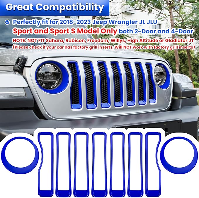 Front Grille Mesh Inserts & Headlight Cover for Jeep Wrangler JL JLU Sport & Sport S Only 2018-2023 Exterior Accessories Clip-in Grille Guard Cover Headlight Bezels Trim Ring (Blue 9PCS)