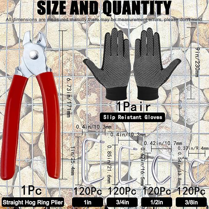 480Pcs 3/4" 1/2" 3/8" 1" Galvanized Hog Rings with Straight Hog Ring Pliers Assortment, Professional Upholstery Hog Rings Installation Kit for Bungee Shock, Cords, Animal Pet Cages, Bagging