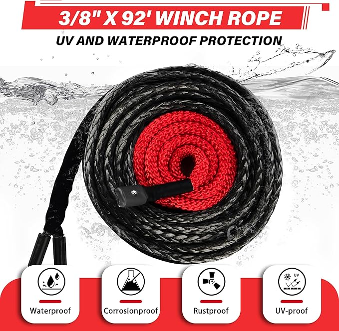 TYT Synthetic Winch Rope Kit - 3/8" x 92' with 27000 lbs Strength, Protective Sleeve, Heavy Duty Hook and Safety Pull Strap for Off-Road 4x4 Vehicles (Black)