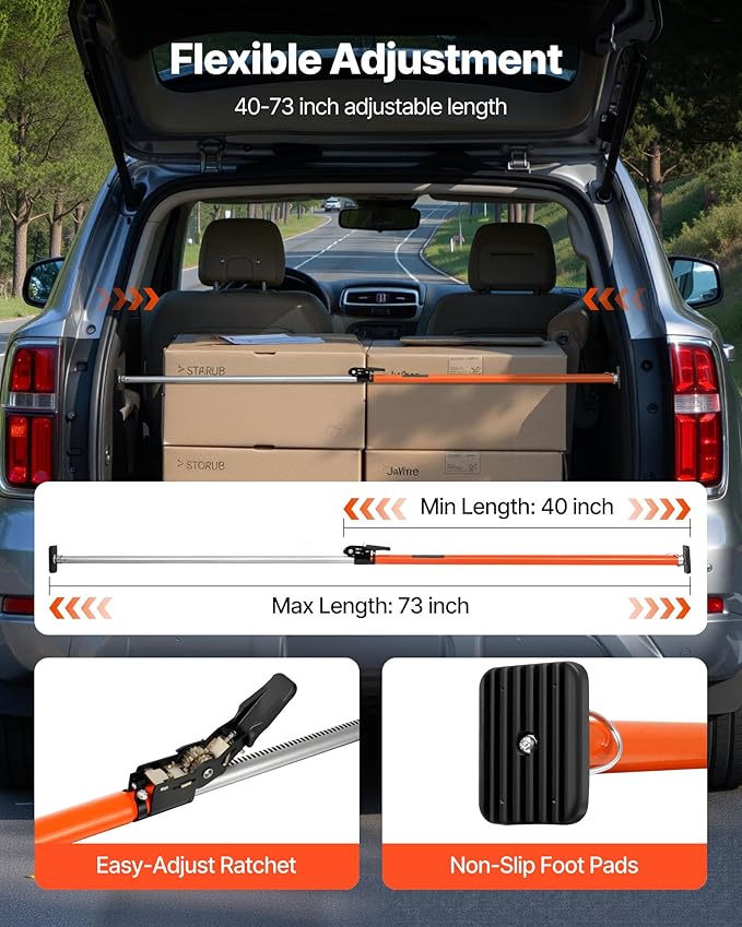 VEVOR Cargo Bar, Ratcheting Cargo Bar Adjustable from 40" to 73", Heavy-Duty Steel Cargos Stabilizer with Non-Slip Foot Pads, Telescoping Load Lock Bars Stop Sliding for SUVs, Sedans