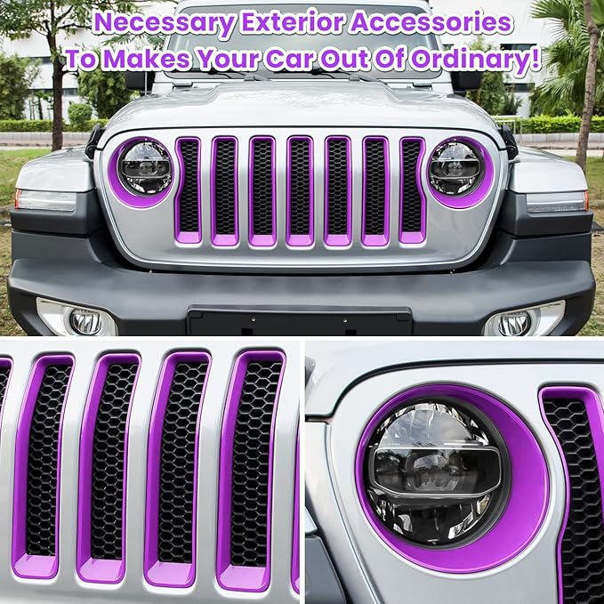 Front Grille Mesh Inserts & Headlight Cover for Jeep Wrangler JL JLU Sport & Sport S Only 2018-2023 Exterior Accessories Clip-in Grille Guard Cover Headlight Bezels Trim Ring (Purple 9PCS)