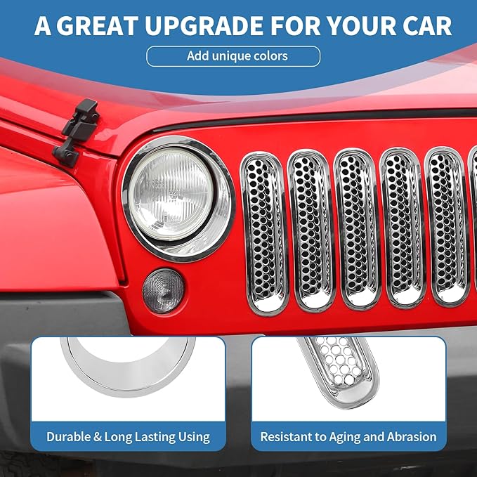 for Jeep JK Front Grille Inserts & Headlight Cover Trim Ring for Jeep Wrangler JK JKU 2007-2017 Chrome Exterior Accessories 9pcs