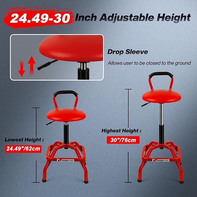 Garage Stool, Adjustable Height Swivel Work Mechanic Shop Stool with Backrest, Pneumatic Shop Chair for Home, Workshop, 300 LBS Capacity, 360° Rotation, Heavy Duty, Red