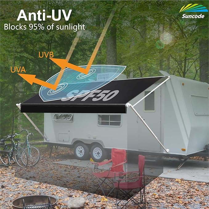 Suncode RV Awning Fabric Replacement Waterpoof Universal Outdoors Canopy for Camper,Trailer,and Motorhome Awning Replacement Premium Grade Vinyl RV Canopy Replacement 17'(Fabric 16'2") Black
