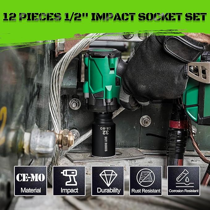 1/2 Inch Drive Deep Impact Socket Set,12 PCS Extended Socket Set, 6-Point Metric Size 27mm, 28mm, 29mm, 30mm, 32mm, 33mm, 34mm, 35mm, 36mm, 38mm, 39mm, 41mm Socket, Cr-Mo Steel,Heavy Duty Socket Set