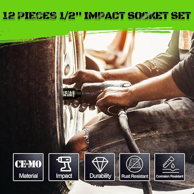 1/2"12-Piece Extended Drive Impact Socket Set, Deep SAE Spindle Axle Nut Impact Socket Set, Cr-Mo, 1-1/16, 1-1/8, 1-3/16, 1-1/4, 1-5/16, 1-3/8, 1-7/16, 1-1/2, 1-9/16, 1-5/8, 1-11/16, 1-3/4 Socket