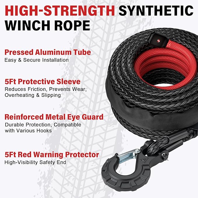 Synthetic Winch Rope Kit - 9/16" x 76' 35000 lbs Synthetic Winch Cable for ATV UTV Off-Road Vehicles with Forged Hook, Protective Sleeve and Safety Pull Strap - Black