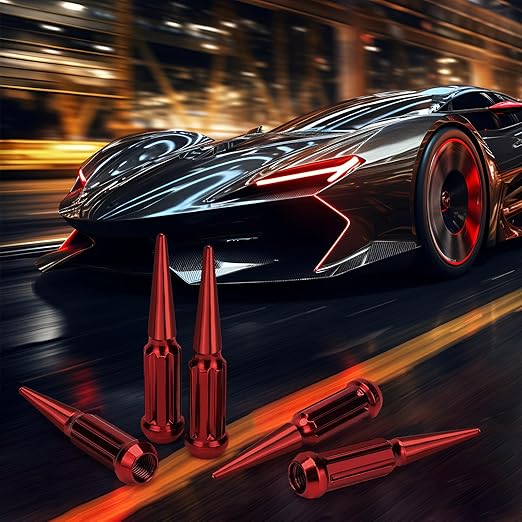 1/2‘’-20 Spike Lug Nuts, Set of 24 Red Spline Spiked Lug Nut with Key for Chevrolet Silverado 1500, Ford F-150 1997-2024, Dodge Ram 1500 1994-2024, Toyota Tacoma 1995-2024