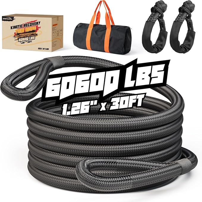 Kinetic Recovery Rope,1.26" x30ft Heavy Duty Offroad Tow Rope/60600 lbs Snatch Strap with Soft Shackles, 100% Nylon Offroad Towing Straps Kit for Truck ATV UTV SUV Jeep Car Tractor - Black