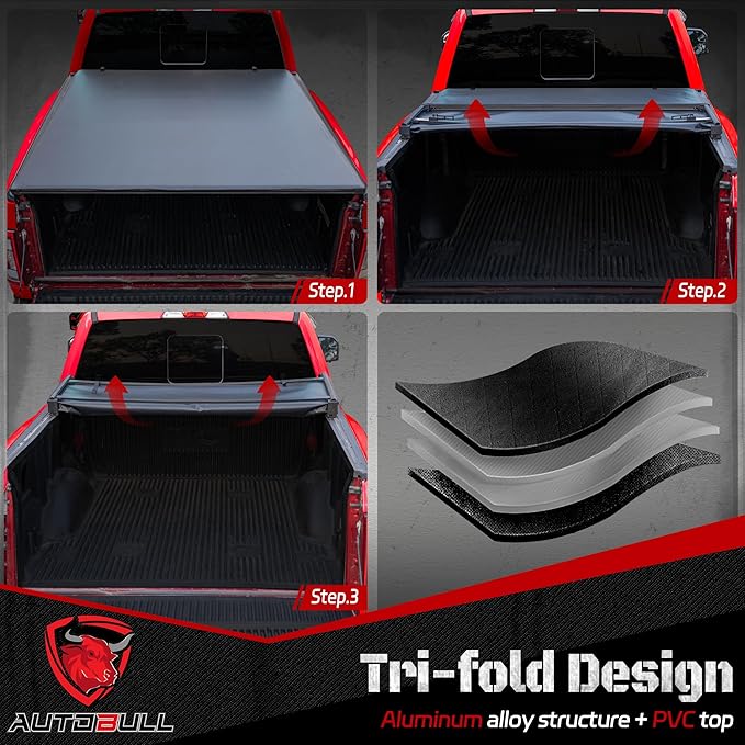 Soft Tri Fold Tonneau Cover Compatible with 2007-2021 Toyota Tundra(Excl. Trail Edition) 5.5ft Bed (66.7"), Vinly Top Alloy Steel Structure