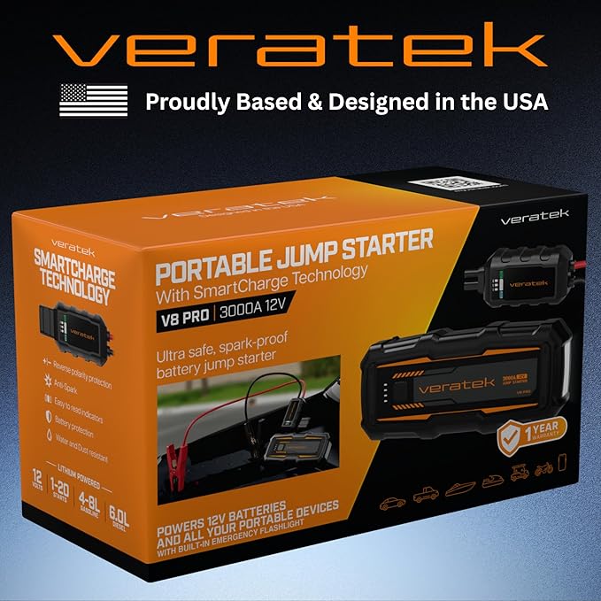 V8 Pro 3000A Car Battery Jump Starter Portable (8.0L Gas & 6.0L Diesel) – 12V Lithium Battery Booster Pack with SmartCharge Safety, Jumper Cables, 20000mAh Power Bank, Jump Box, LED Light
