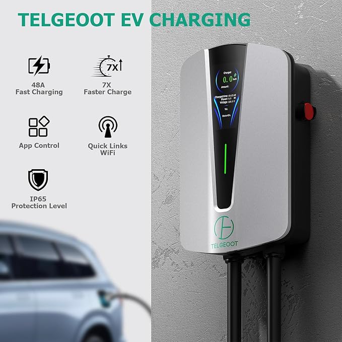 Level 2 EV Charger 48Amp, Indoor/Outdoor Electric Car Charger EVSE SAE J1772, NEMA 14-50 Plug, 25ft Cable, Start Charge Timer, WiFi Enabled