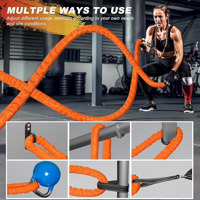 Battle Ropes for Home Gym 1.5Inch Diameter 30 FT Lengths Workout Heavy Battle Ropes for Exercise Training Weighted Ropes for Working Out Exercise Equipment with Protective Cove - Orange