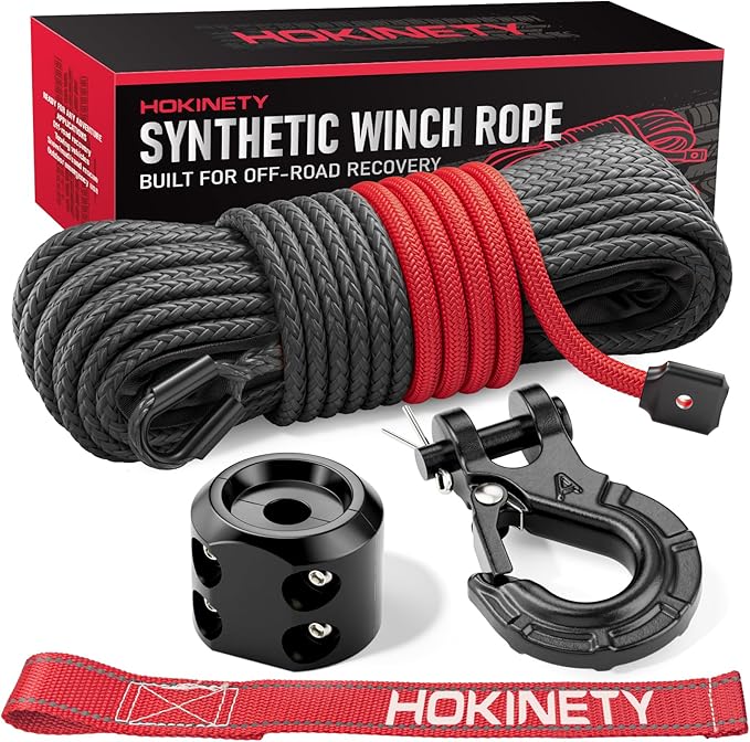 Synthetic Winch Rope Kit - 3/16" x 50' 8500 lbs Synthetic Winch Cable for ATV UTV Off-Road Vehicles with Forged Hook, Rubber Stopper, Protective Sleeve and Safety Pull Strap - Grey