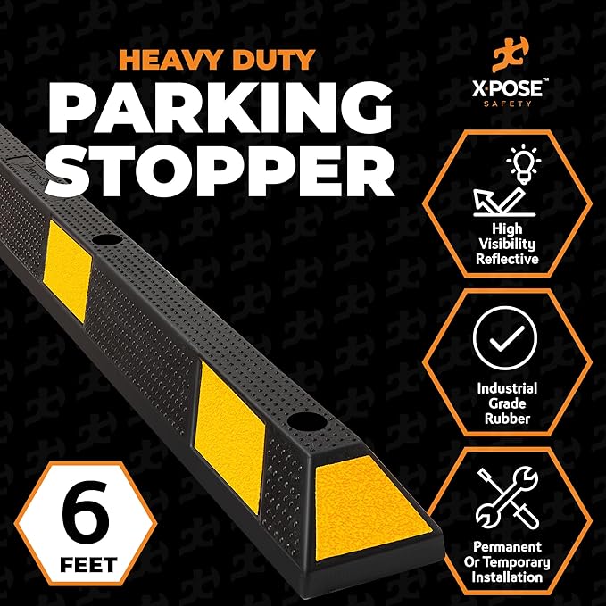 Xpose Safety 72" Heavy Duty Rubber Parking Stopper – 2 Pack Wheel Blocks for Garage, Driveway, or Ramp – Car Bumper Stop with Yellow Reflective Strips – Removable Floor Mount