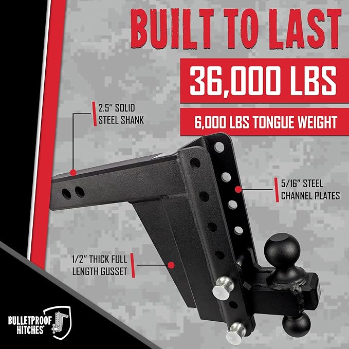 BulletProof Hitches - 2.5" Adjustable Extreme Duty Trailer Hitch (36,000 lb. Rating) - 8" Drop/Rise with 2" and 2 5/16" Dual Ball - Powder Coat, Solid Steel, Corrosion-Resistant