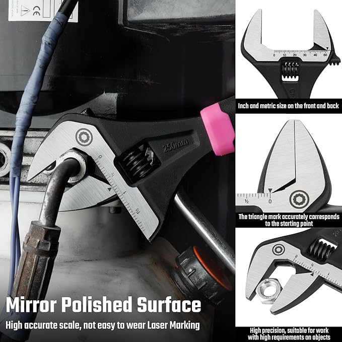 DURATECH 10-Inch Adjustable Wrench, Wide Jaw Opening Plumbing Wrench, CR-V Steel, SAE and Metric Scale Marked, Ergonomic Grip