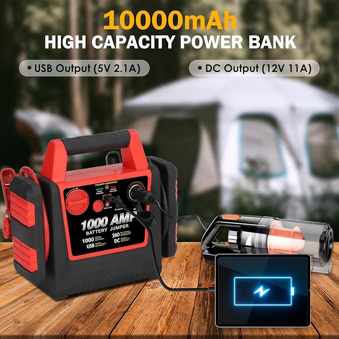 Car Battery Jump Starter-1000Amp 12V Lead-Acid Battery Jump Box with 260PSI Air Compressor, 10000 mAh Portable Power Station, Jump Pack for Vehicles Up to 5L Gas or Diesel