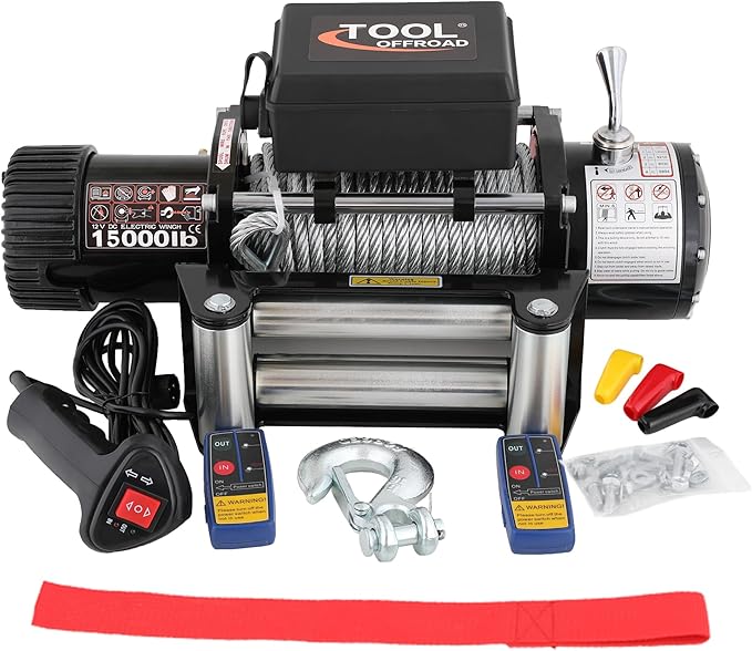 12V 15000LBS Electric Winch Steel Rope Electric Winch for Towing ATV/UTV Off Road with Mounting Bracket Wireless Remote,Black