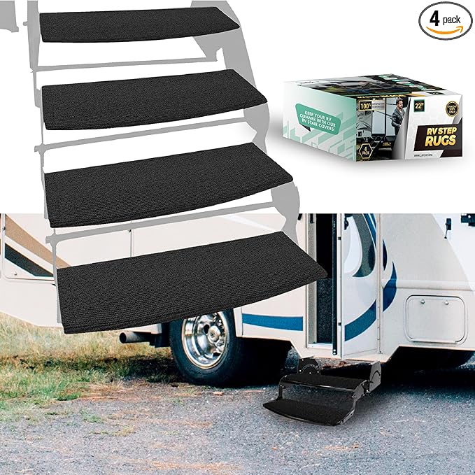 LATCH.IT RV Step Covers 4 Pack | 22-inch Wide Camper Step Covers for 8-11" Deep Radius Steps Only! | Black RV Stair Carpet | RV Step Cover | Keep Your RV Cleaner with Our Radius RV Stair Covers!